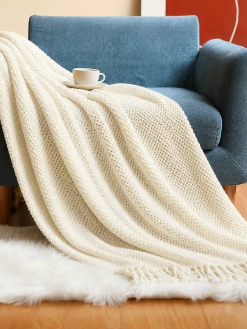 New Textured Cream Throw Blanket with Fringe 160 cm 140 cm